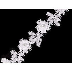 Ätzspitze 3d blüte mit perle breitte 42 mm - Off white (1 Meter)